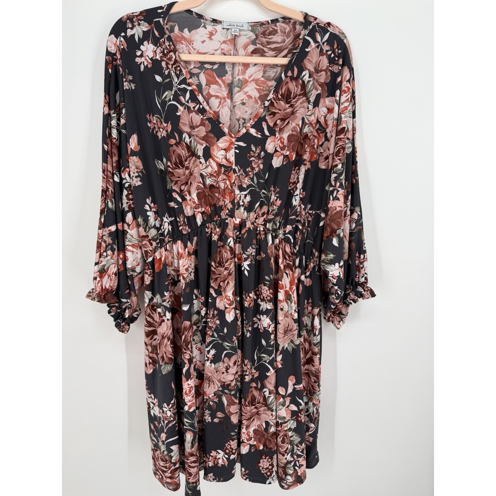 White Birch Floral‎ V-Neck Mini Dress Plus Size Blouson Long Sleev Black Pink 2X